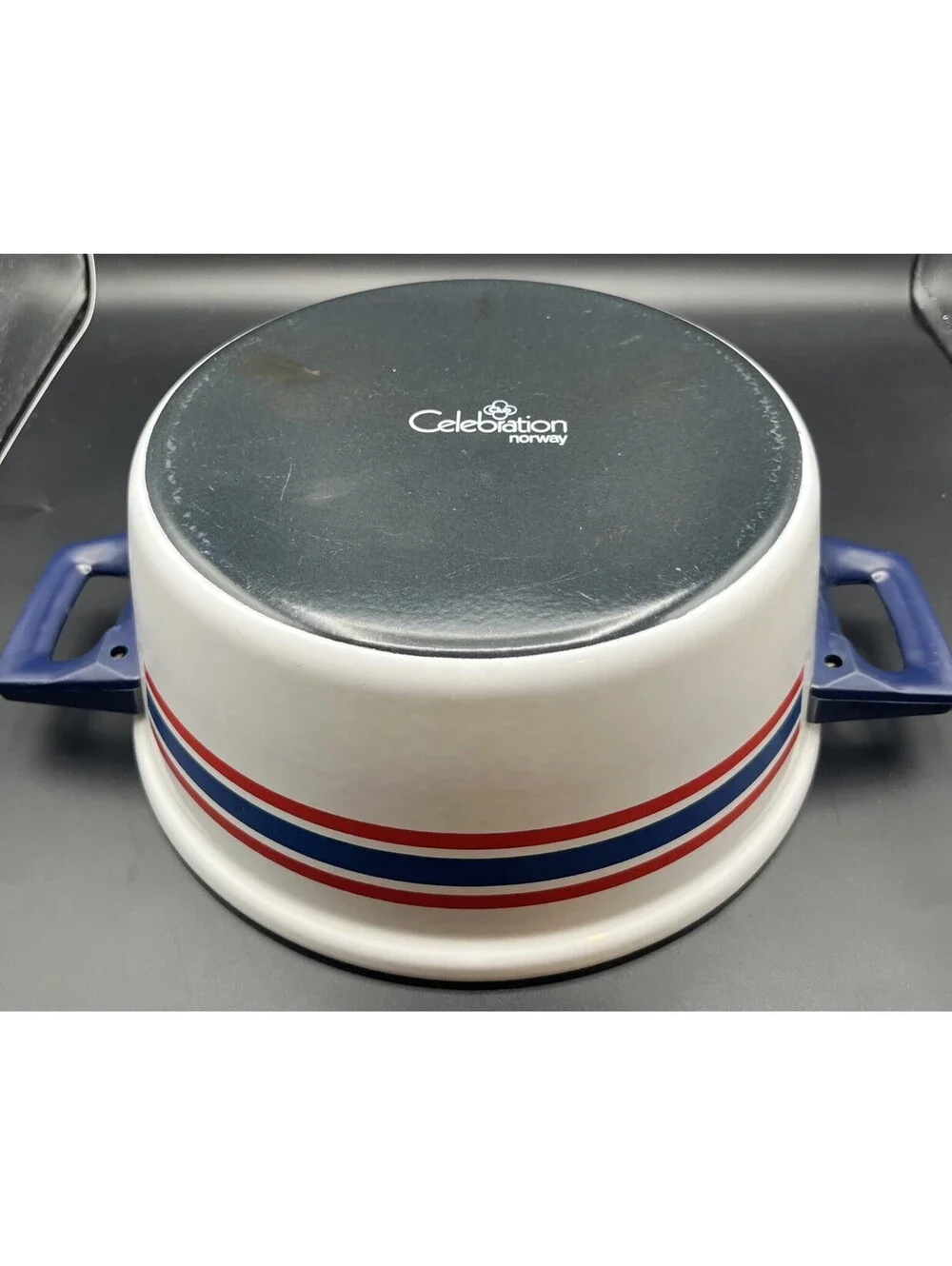 Vintage Cathrineholm Norway Enamel Dutch Oven Blue Red Stripe Club Celebration